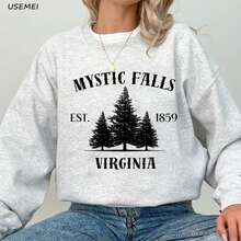 Mystic Falls Crewneck Sweatshirts Fall Vampire Diares Halloween Hooded Sweatshirt Harajuku Pullover Women's Clothing - Grey - View 8