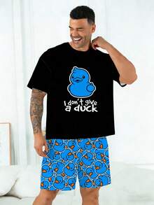 Plus Size Men's Pajama Set | Round Neck Short Sleeve Top And Elastic Waist Casual Shorts, 2 Pieces Set | Polyester Knit Fabric, Soft And Breathable, Loose And Comfortable | Cute Cartoon Funny Cute Little Blue Duck Print Casual Design - Black - View 6
