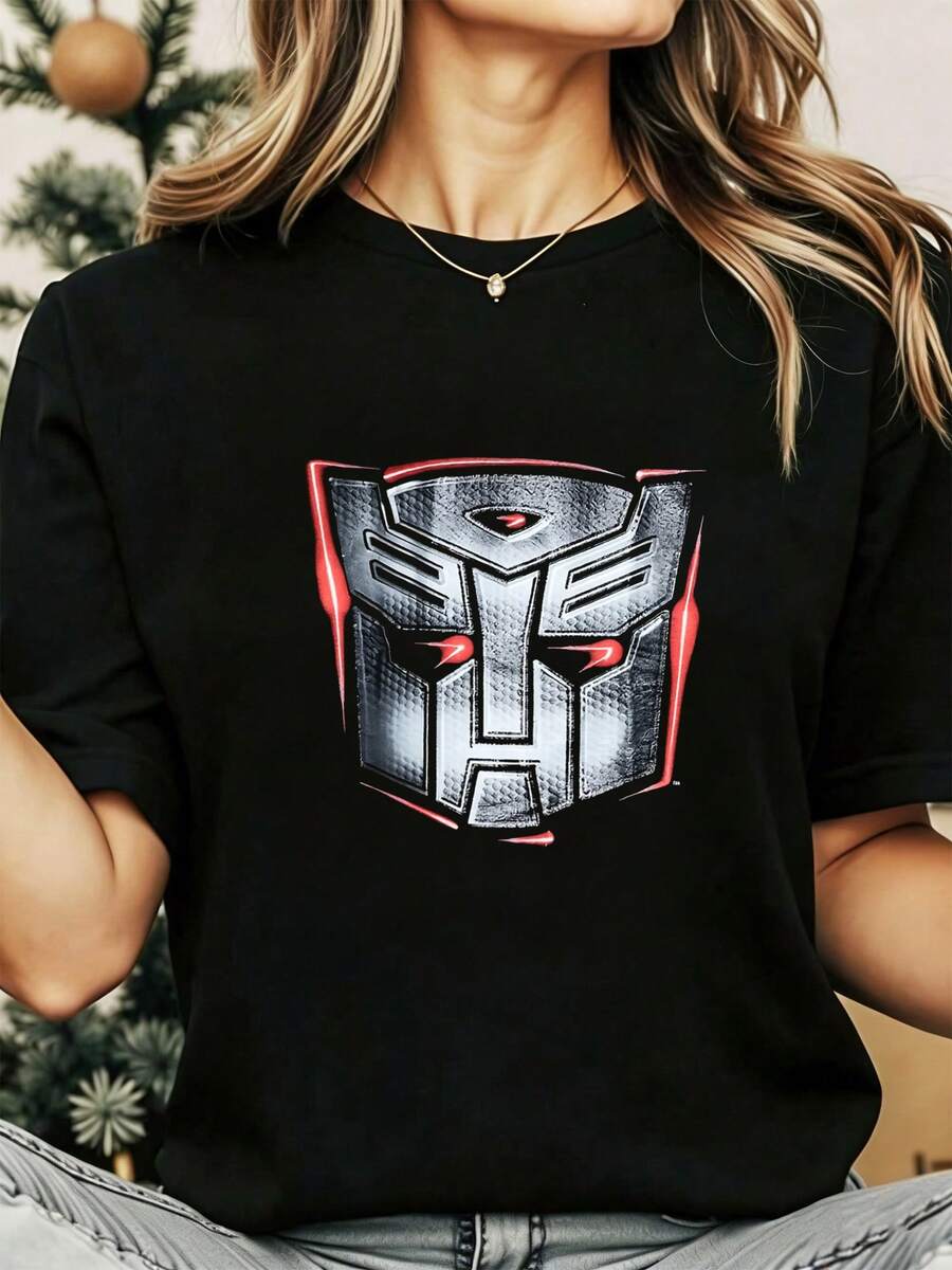 Camiseta Playera Mujer Dama Juvenil Vintage Rockeras Estampadas Algodón 100% Ropa Blusas Casual negro logotipo autobots rostro metálico en relieve fondo negro ideal fanáticos ciencia ficción películas aventuras emociones épicas entusiasmo joven adulto gamer geek - Negro - Ver 1