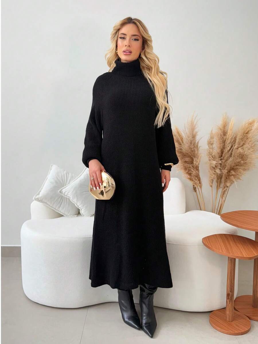 Women's Black Winter Dress, Long Sleeve, Premium Mousse Knit, High Neck, Puff Sleeves, Flanged Stitch, Cutout Detail, Elegant Women's Dresses, Casual Chic Fashion For Evening, Comfortable Fit, Modern Design, Autumn/Winter - 黑色 - 查看 1