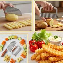 1个不锈钢波浪形切刀 | 木柄波浪形薯条切片器，适用于土豆和蔬菜 - 彩色 - 查看 6