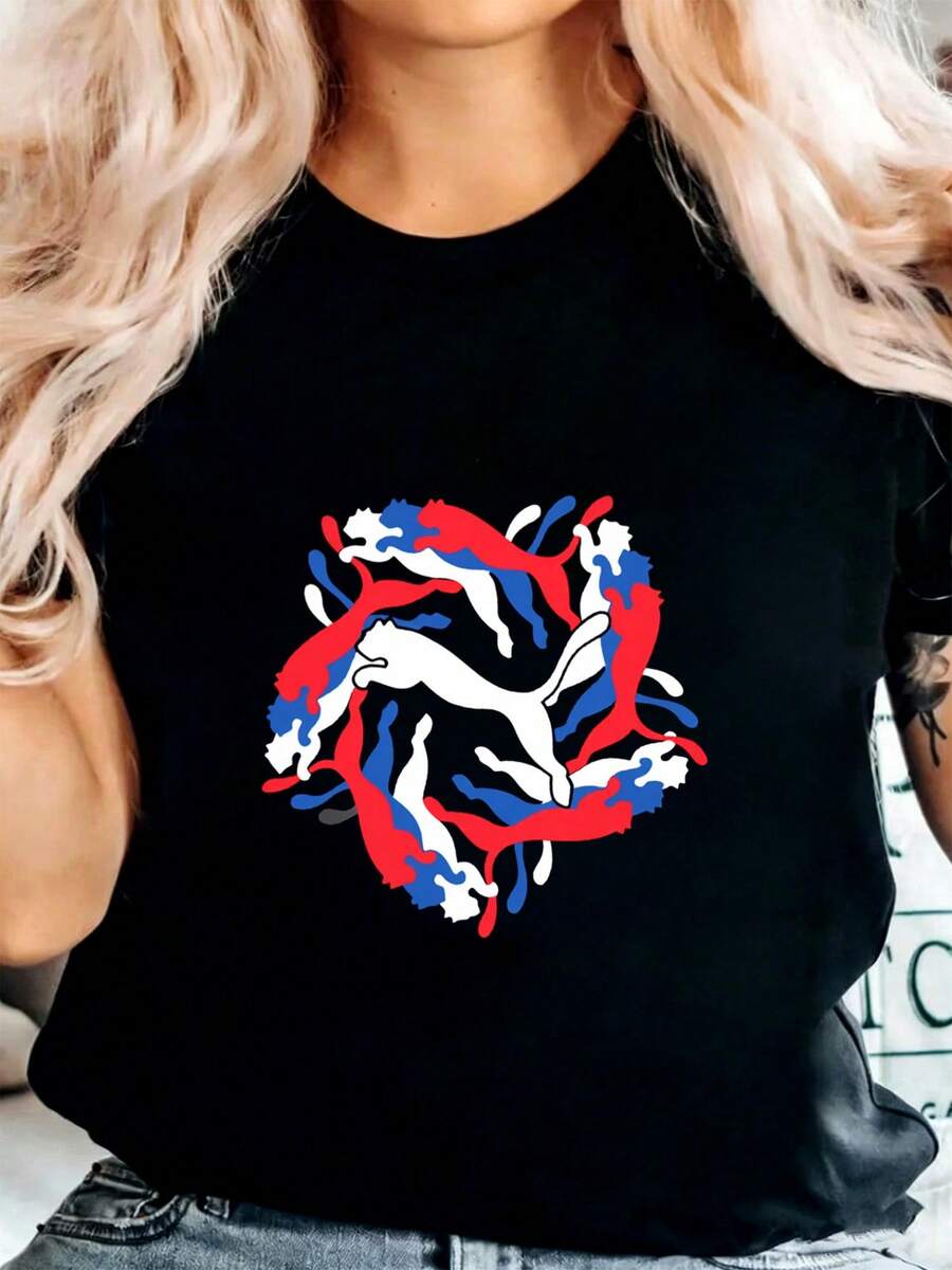 Camisetas Niña Estampadas Bonitas Verano 100% Algodón Manga Corta Negro diseño felino circular con logo clásico Blanco Azul Rojo estampado estilo moderno urbano para amantes del dinamismo y la moda actual - Negro - Ver 1