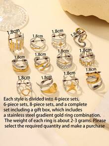 4/6/8pcs 18K Gold Plated Stainless Steel Rings Set, Assorted Designs Including Sunburst, Starfish, Circle Shapes, High Quality, Random Styles Shipped, Suitable For Women's Daily Stacking Decoration Or Gift, Comes With Gift Box Option - Gold and Silver - View 5