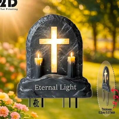 2D Acrylic Candle Cross Memorial Garden Stake Light Decor, Suitable For Cemetery, Lawn And Flowerbed Memorial Decoration, Condolence And Mourning Gift, Convey Eternal Blessings, Ideal Gift, No Power Source