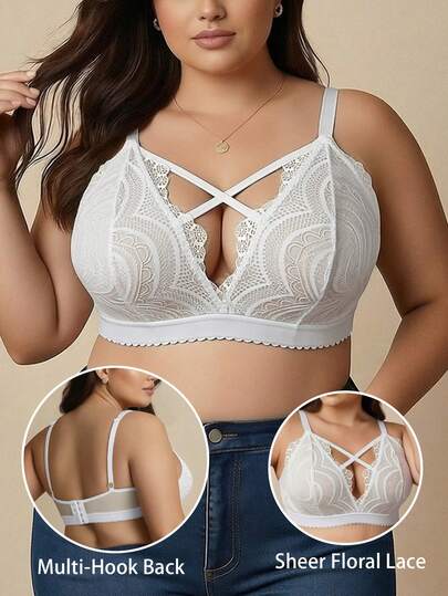 Sujetador blanco de encaje sin aros para mujer de talla grande, sujetador ligero y sin costuras con diseño elegante y sexy de estilo francés con cruzado transparente