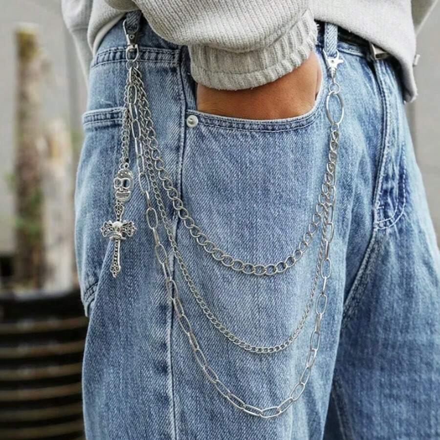 Chain Belt For Multi-Layered Punk Halloween Pants, Metal Stars, Cross, Spiderweb. - Hộp sọ ba lớp màu bạc - Xem 1