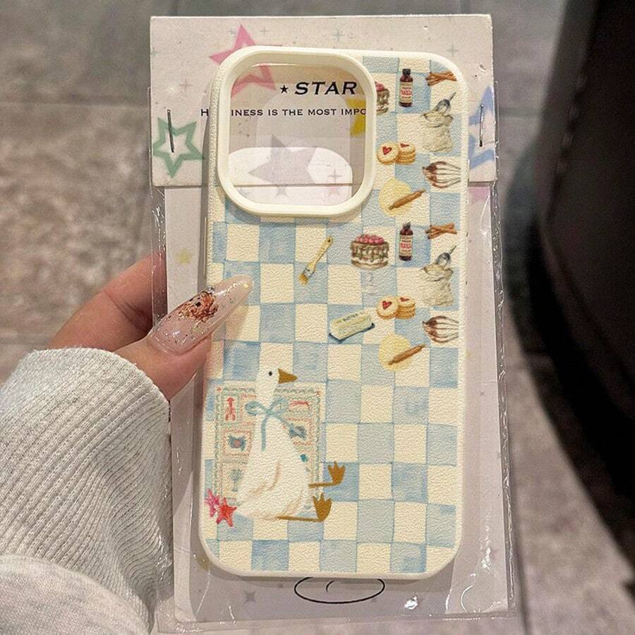 1 pieza Funda de teléfono con diseño de pato lindo y patrón de tablero de ajedrez azul y blanco, hecha de material TPU, compatible con iPhone 17 Pro Max/17/16 Pro Max/15/13/12/11, S20 FE/A15/S24/A55, Note 11/12/13 Pro, cobertura completa, protección suave anti-caídas, versión internacional, no la versión nacional - Blanco - Ver 1
