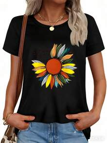 Chemise imprimée pour femmes, décontractée, simple, couleur unie, col rond, manches courtes, chemise avec imprimé lettres, chemise à manches courtes pour femmes, Top, chemises de travail pour femmes, col rond, manches courtes. - Noir - Voir 3