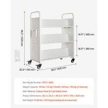 Bücherwagen, 150kg Tragkraft, Bibliothekswagen, 97x51,5x122,5cm, Doppelseitiges W-förmiges Bücherregal mit Doppelbremsrollen, Bücherregalwagen für Wohnzimmer, Büro, Schule, Weiß - W-förmig, weiß, 330 lbs, dreilagig, groß - Übersicht 7