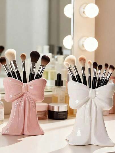 蝴蝶结化妆刷架 - 优雅的梳妆台收纳架，适用于化妆刷，一体式美妆工具展示架，适用于梳妆台