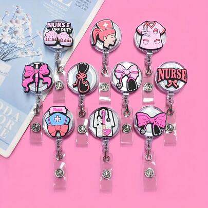 6/12pcs Medical Healthcare Theme Retractable Badge Reel - Pink Bow & Heart Design, Suitable For Nurses, Doctors, Dentists, Etc. - PVC Office Supplies, Medical Office Accessories, Fun Design