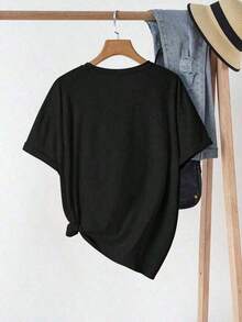 Camiseta Gráfica de Manga Corta Oversize con Frase Inspiradora "Just Breathe" para Mujer, Estilo Casual Minimalista, Cuello Redondo, Corte Relajado, Top para Amantes del Vino, - Negro - Ver 3