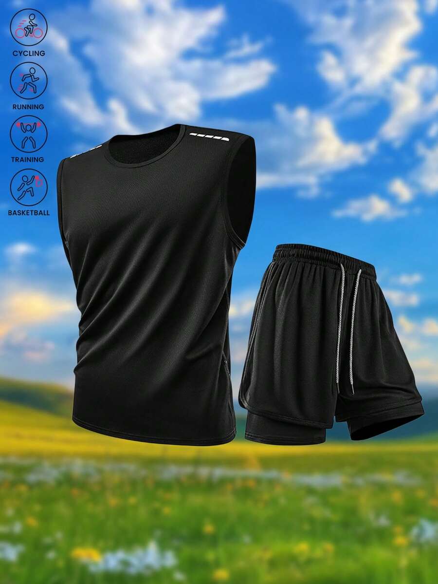 Men's Summer 2-Piece Sports Set | Sleeveless Tank Top + Double Layer Shorts, Suitable For Running, Cycling, Training, Basketball, Outdoor And Beach Wear - Black - View 1