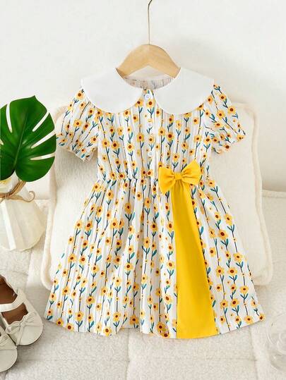 Girls' Sweet Style Doll Collar Ruffle Puff Sleeve Floral Print Dress, Non-Stretch Fabric, Short Sleeve, A-Line Hem, Button Detail, Summer