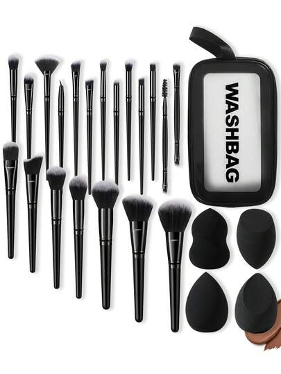 25pcs/1pc Complete Makeup Brush Set Includes 20 Soft Makeup Brushes-Such As Powder Brush, Blush Brush, Contour Brush, Highlighter Brush, Foundation Brush, Nose Contour Brush, Eyeshadow Brush, Eyebrow Brush, Lip Brush, And Detail Brush-Plus 1 Travel-Friendly Waterproof Makeup Bag And 4 Liquid Beauty Eggs; Ideal For Beginners, Professional Makeup Artists, And Novice Beauty Practice.