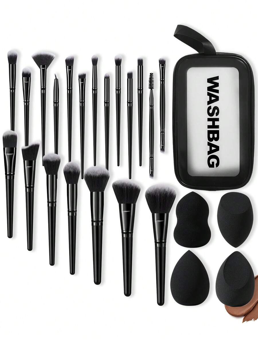 25pcs/1pc Complete Makeup Brush Set Includes 20 Soft Makeup Brushes-Such As Powder Brush, Blush Brush, Contour Brush, Highlighter Brush, Foundation Brush, Nose Contour Brush, Eyeshadow Brush, Eyebrow Brush, Lip Brush, And Detail Brush-Plus 1 Travel-Friendly Waterproof Makeup Bag And 4 Liquid Beauty Eggs; Ideal For Beginners, Professional Makeup Artists, And Novice Beauty Practice. - Black - View 1