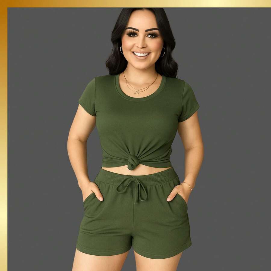 Women's Casual Party Set, Elegant And Sensual, Knitted Fabric, Crossed Knot, Faux Pockets, Faux Drawstring, Comfortable, Beach, Vacation, Night Out, Home, Office, Sports, Summer, Winter - 軍綠色 - 查看 1