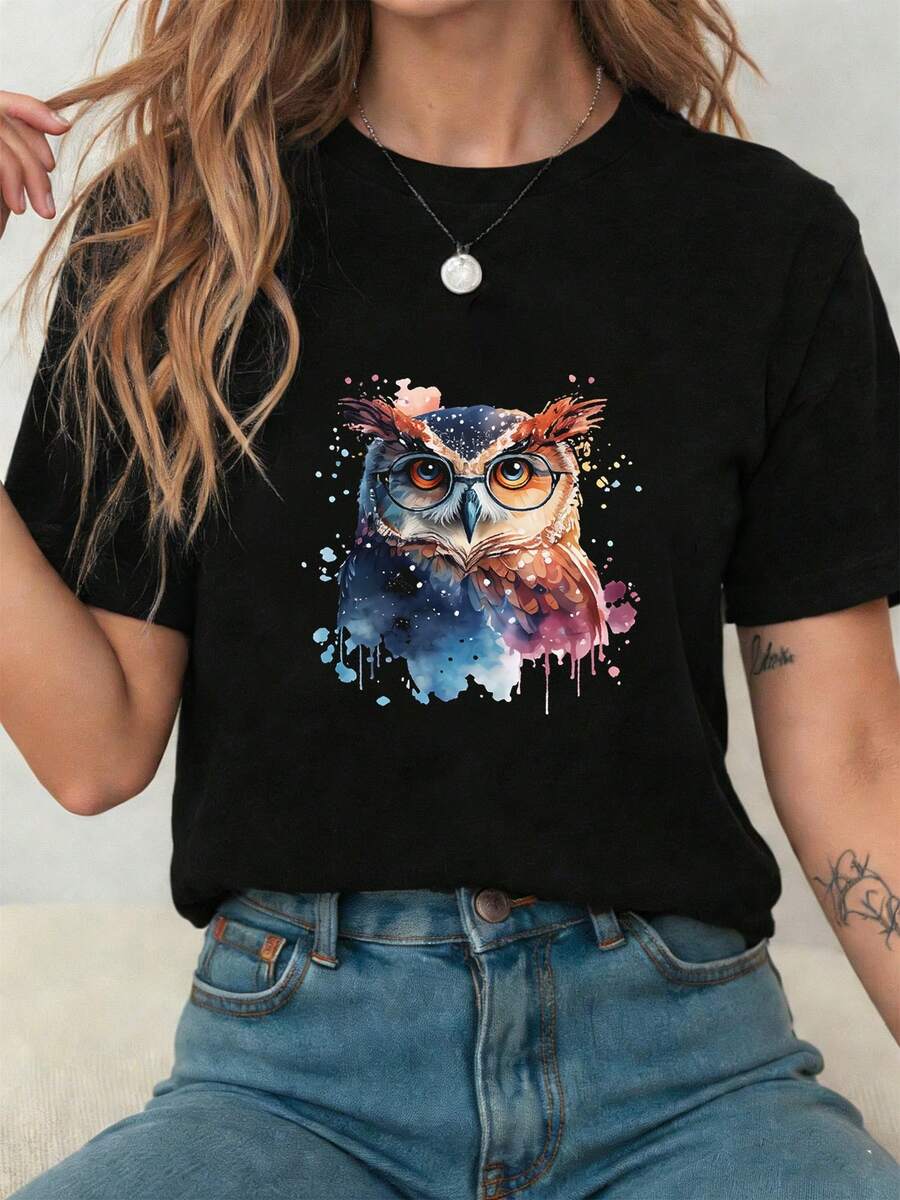 Tops Dama Largas De Vestir Elegantes Puro Algodón Clasicas negro búho acuarela ilustración colorida gafas animales nocturnos mirada intensa arte único jovenes amantes naturaleza urbana moderna - Negro - Ver 1