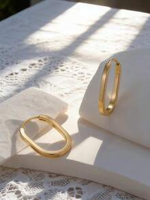 1 Pair Elegant Geometric U-Shaped Hoop Earrings, Gold-Tone Minimalist Business Style Unisex Earrings Suitable For Wedding, Date, Bridesmaid - Gold - View 6