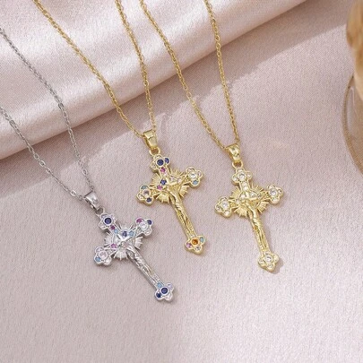 Titanium Steel Gold-Color Fully Cross Necklace, Luxury High-End Jewelry, Suitable For Weddings, Gifts For Lovers, Daily Matching