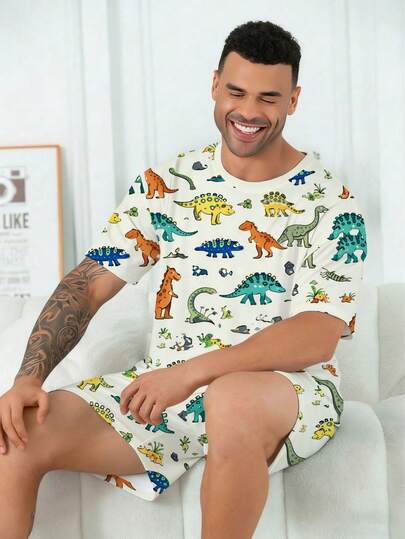 Plus Size Men's Pajama Set | Round Neck Short Sleeve Top And Elastic Waist Casual Shorts 2 Piece Set | Polyester Knit Fabric Soft And Breathable Loose Fit | Cartoon Dinosaur World Series Print Casual Design
