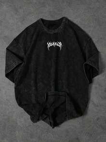High-Quality T-Shirt Men'S Heavyweight Vintage Oversized T-Shirt - Distressed Graphic Print With Graffiti Lettering, Loose Fit Short Sleeve Round Neck Casual & Gym Tee For Spring Summer Fall Graphic Tee Shirts Solid Color Cotton Short Sleeve T-Shirt For Men And Women, Vintage  Crew Neck Tee, Casual Loose Fit Top For School Daily Party Holiday, Perfect Gift For Friends - 黑色 - 查看 7