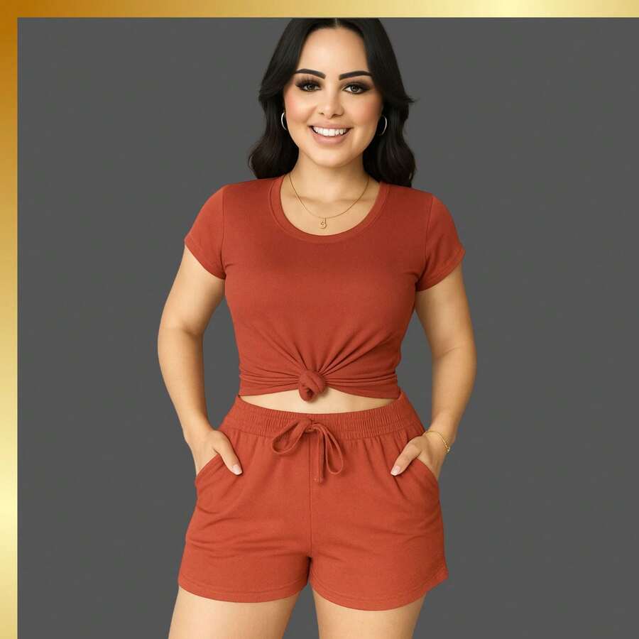 Women's Casual Party Set, Elegant And Sensual, Knitted Fabric, Crossed Knot, Faux Pockets, Faux Drawstring, Comfortable, Beach, Vacation, Night Out, Home, Office, Sports, Summer, Winter - 亮橙色 - 查看 1
