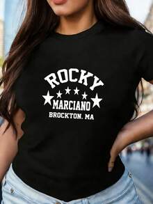 Playeras Hombre Corto Verano Deportivo Manga Corta Algodón Negro tipografía varsity inspirada en boxeo clásico texto Rocky Marciano Brockton MA estrellas grandes estilo retro fanático deportes vintage casual juvenil - Negro - Ver 1