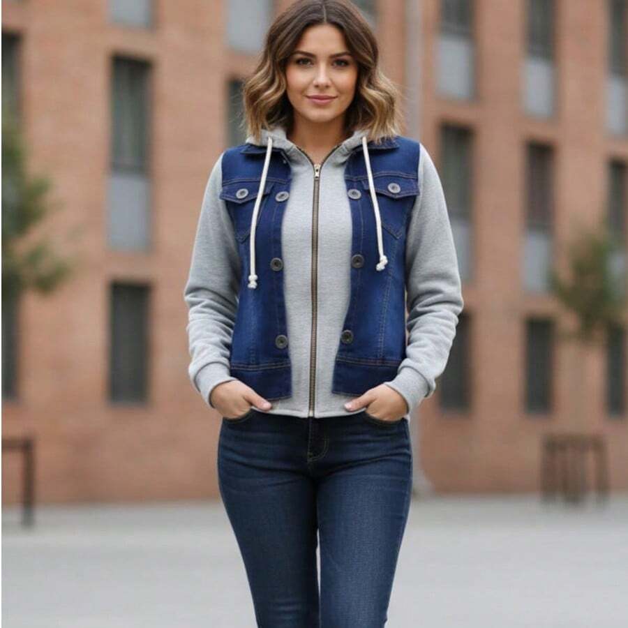 Chamarra Dual Confort Mezclilla Strech Mangas de Algodón - Azul Marino - Ver 1