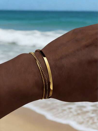 3pcs/Set Men's Stainless Steel Gold-Tone Adjustable C-Shape Bracelet With Chain, Suitable For Daily Wear, Father's Day, Valentine's Day, Anniversary, Boyfriend Birthday Gift, Christmas, New Year Party Gift