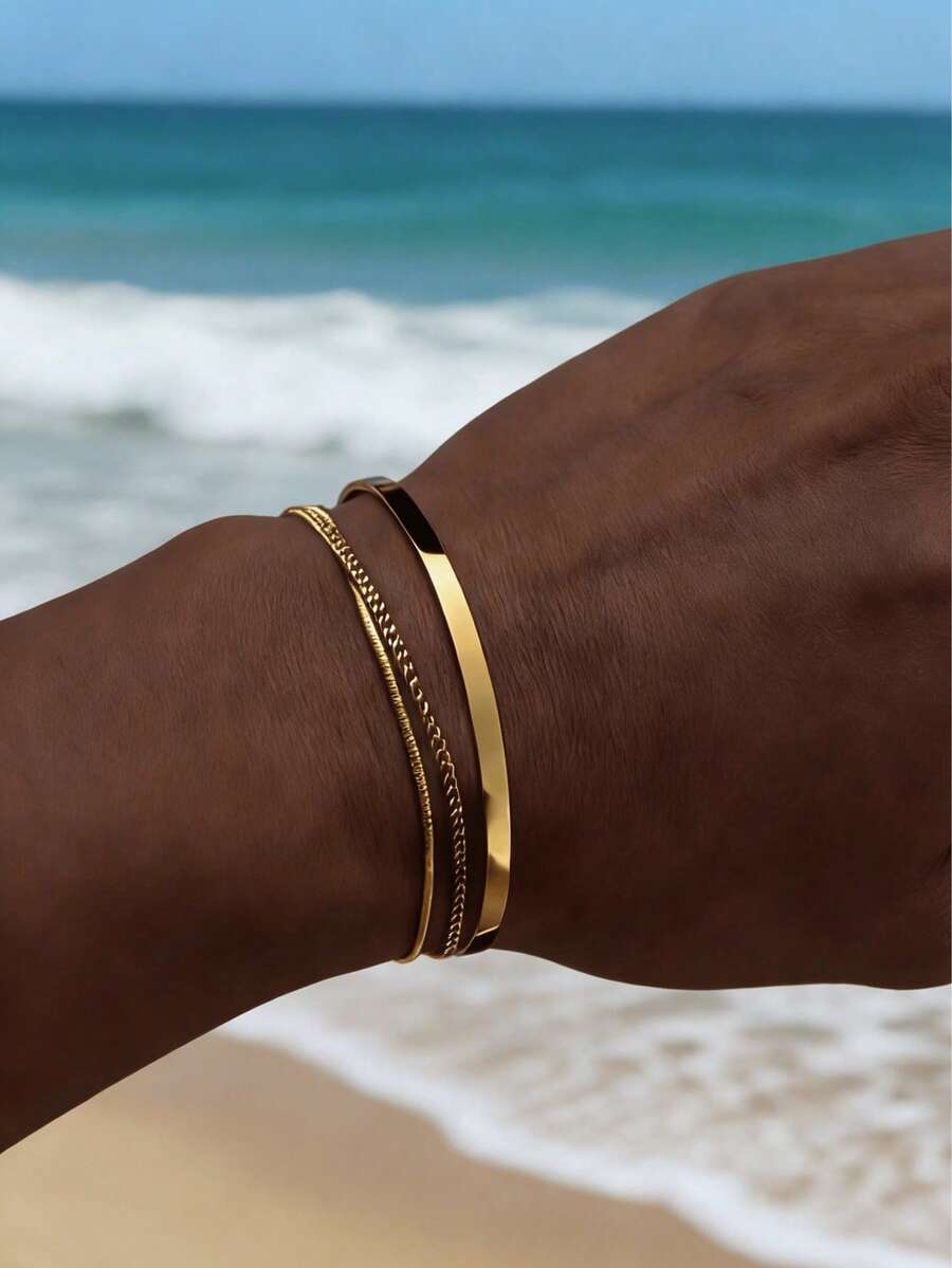 3 件/套男士不锈钢金色可调节 C 形手链带链条，适合日常佩戴、父亲节、情人节、周年纪念日、男友生日礼物、圣诞节、新年派对礼物 - 彩色 - 查看 1