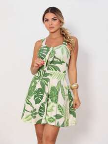 Women's Mini Dress, Loose Fit, Tropical Print, Blue, With Tie At The Bust, Adjustable Thin Straps, V-Neck, Defined Waist, Flared Skirt, Casual, Elegant, Summer, Beachwear, Travel, Vacation, Lightweight And Comfortable Look - 白色和綠色 - 查看 7