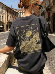 Camiseta de manga corta de verano para mujer con estampado casual de hojas de girasol, cuello redondo, holgada y versátil, color beige, adecuada para uso diario y vacaciones - Negro - Ver 5
