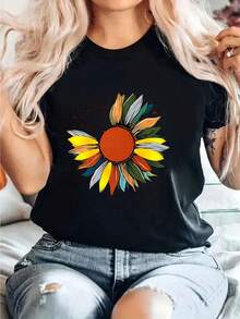 Chemise imprimée pour femmes, décontractée, simple, couleur unie, col rond, manches courtes, chemise avec imprimé lettres, chemise à manches courtes pour femmes, Top, chemises de travail pour femmes, col rond, manches courtes. - Noir - Voir 8