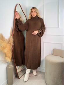 Women's Brown Winter Dress, Long Sleeve, Premium Mousse Knit, High Neck, Puff Sleeves, Flanged Stitch Detail, Elegant Women's Dresses, Casual Chic Fashion For Evening, Comfortable Fit, Modern Design, Autumn/Winter - 土棕色 - 查看 1