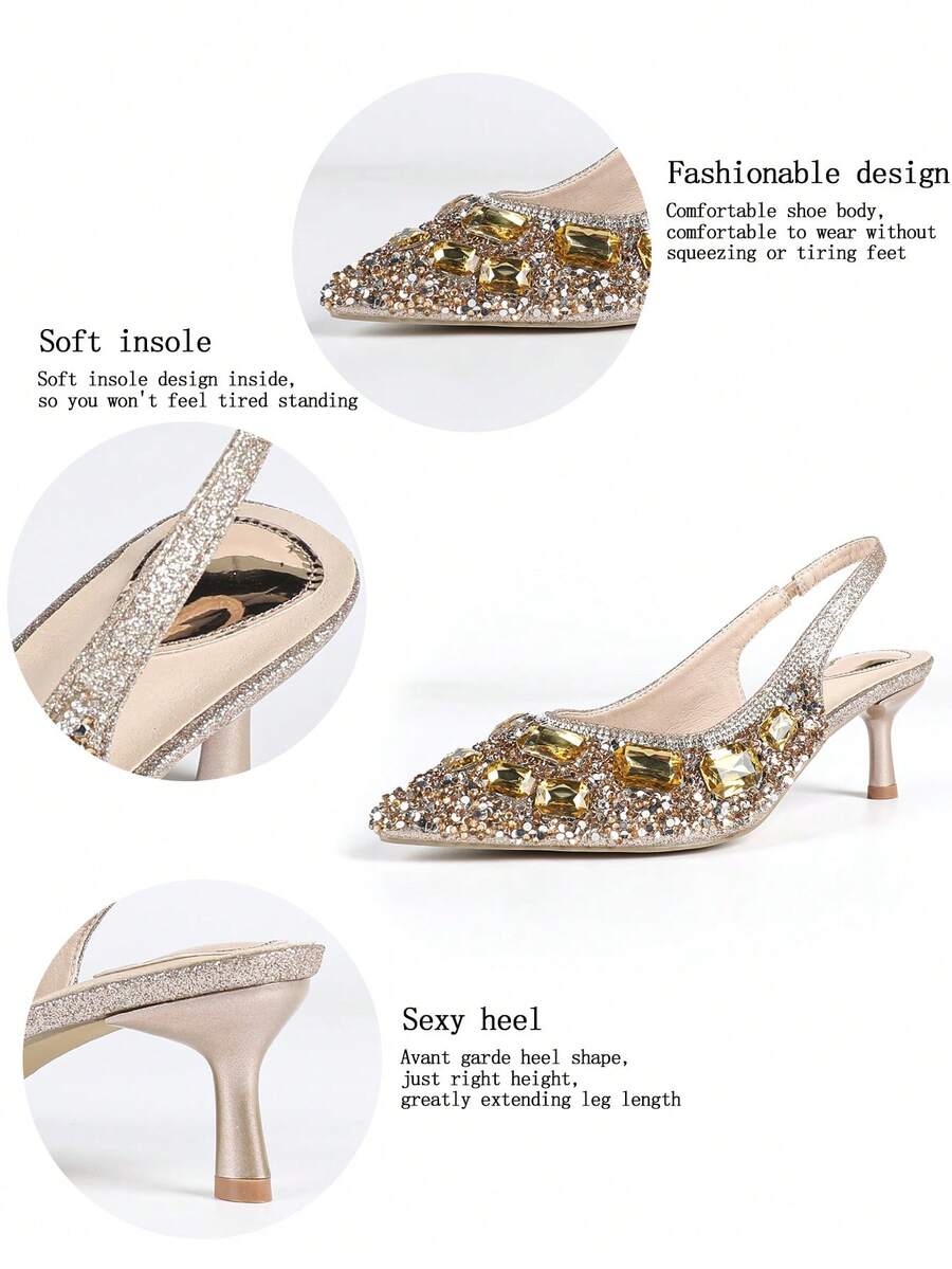Women's Pointed Toe Stiletto High Heel Sandals, Rhinestone Decor Elastic Back Strap Comfortable Padded Sandals, Solid Color Camo Pattern Elegant Glitter Asymmetric/Irregular Crystal Embellished Ladies Dress Sandals For Party, Wedding, Office, Indoor & Outdoor, Spring/Summer - Champagne - View 1