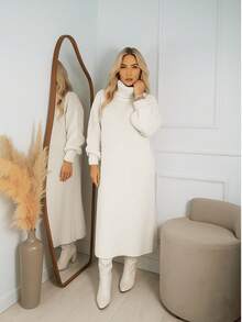 Women's White Winter Dress, Long Sleeve, Premium Mousse Knit, High Neck, Puff Sleeves, Flanged Stitch, Cutout Detail, Elegant Women's Dresses, Casual Chic Fashion For Evening, Comfortable Fit, Modern Design, Autumn/Winter - 白色 - 查看 1