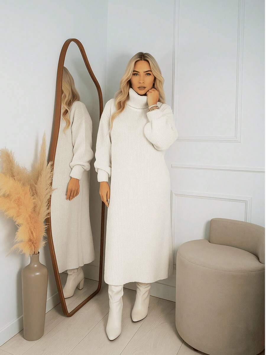 Women's White Winter Dress, Long Sleeve, Premium Mousse Knit, High Neck, Puff Sleeves, Flanged Stitch, Cutout Detail, Elegant Women's Dresses, Casual Chic Fashion For Evening, Comfortable Fit, Modern Design, Autumn/Winter - 白色 - 查看 1