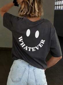 Áo thun nữ mùa hè mới, kiểu dáng đơn giản, in chữ "WHATEVER" và hình mặt cười, cổ tròn, tay ngắn, thời trang, đa năng, phù hợp cho nữ mặc hàng ngày và đi nghỉ xuân. - Màu xám đen - Xem 6