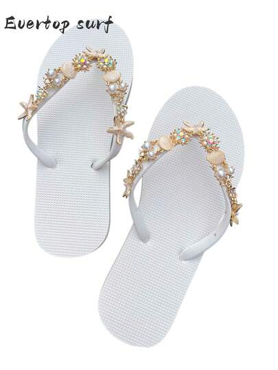 Evertop Surf Handmade Resin Starfish Shell Rhinestone Pearl Alloy Decorative Chain, Women's Summer Beach Soft Bottom Flip Flops, Thong Sandals, Removable Decorative Chain, Original Design
