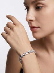 1 Set Luxury Elegant Cubic Zirconia Inlaid Hexagram Design Bracelet, Suitable For Women's Wedding & Party Wear, Excluding Gift Box - Silver - View 8