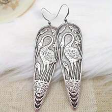 Artistic Classic & Retro Crane Pattern Long Earrings, Meticulously Crafted Earrings, Iconic Women's Jewelry Accessory, Earrings - Silver - View 1