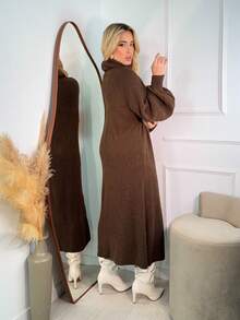 Women's Brown Winter Dress, Long Sleeve, Premium Mousse Knit, High Neck, Puff Sleeves, Flanged Stitch Detail, Elegant Women's Dresses, Casual Chic Fashion For Evening, Comfortable Fit, Modern Design, Autumn/Winter - 土棕色 - 查看 5