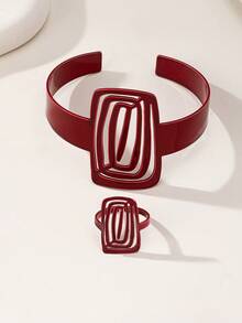 Bộ 2 vòng tay và nhẫn kim loại rỗng hình học cổ điển có thể điều chỉnh, thích hợp đeo hàng ngày và dự tiệc, quà tặng cho phụ nữ - Đỏ - Xem 3