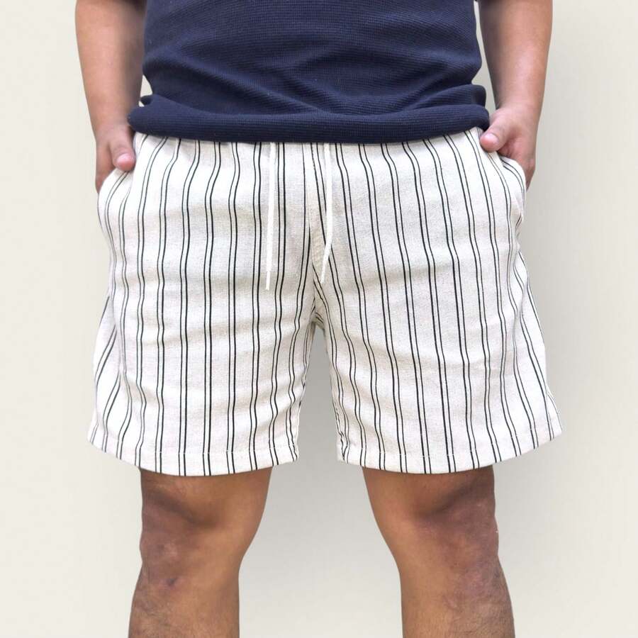 Black And White Striped Premium Linen Short Bermuda Men's Casual Basic - trắng - Xem 1