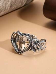 Punk Style Hollow Heart Cross Ring, Personalized Fashion Index Finger Ring, Minimalist Open Band - Antique Silver - View 3