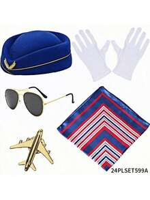 5pcs/Set Holiday Themed Flight Attendant Hat, Scarf, Brooch, Gloves, Glasses, Cabin Crew Cosplay Accessories, Stewardess Outfit Attire - Multicolor - View 14