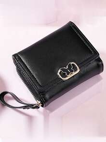 MINGYOU Short Tri-Fold Handbag Wallet, PU Leather Women's Multi-Function Wallet With Zipper, Large Capacity Coin Purse, ID Card Holder - Black - View 3