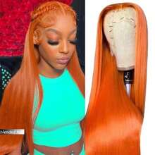 36 Inch Straight Human Blended Hair 13x4 Lace Frontal Wig Bone Straight 13x4 Transparent Lace Front Wigs Human Blended Hair For Women Straight Bye Bye Knot Wigs 180Density Ginger Orange 350 - S350 - View 3