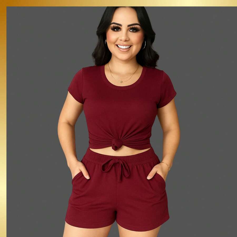 Women's Casual Party Set, Elegant And Sensual, Knitted Fabric, Crossed Knot, Faux Pockets, Faux Drawstring, Comfortable, Beach, Vacation, Night Out, Home, Office, Sports, Summer, Winter - Gỗ đỏ - Xem 1